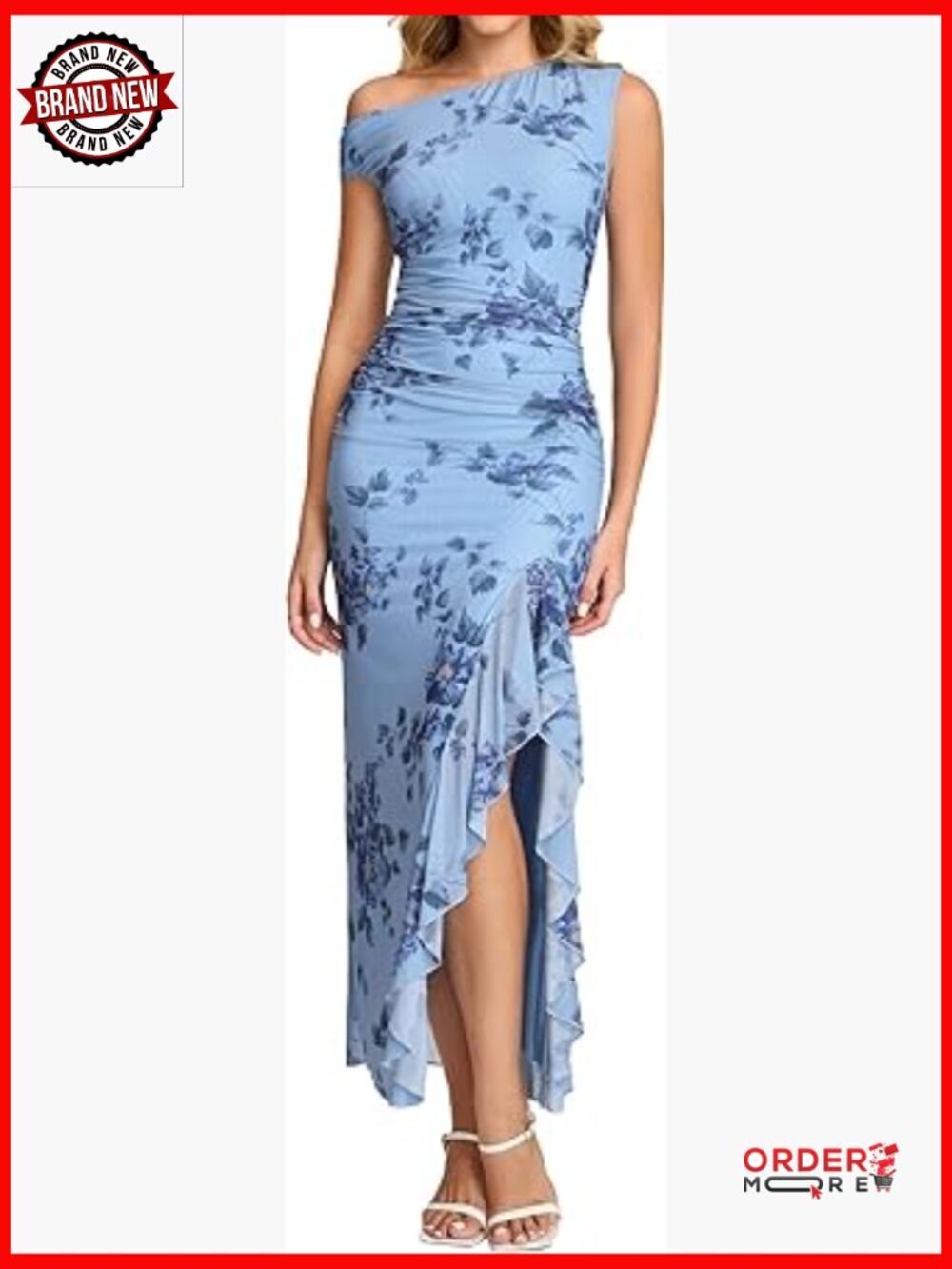 One Shoulder Floral Maxi Dress with Ruffled Slit Bodycon Fit